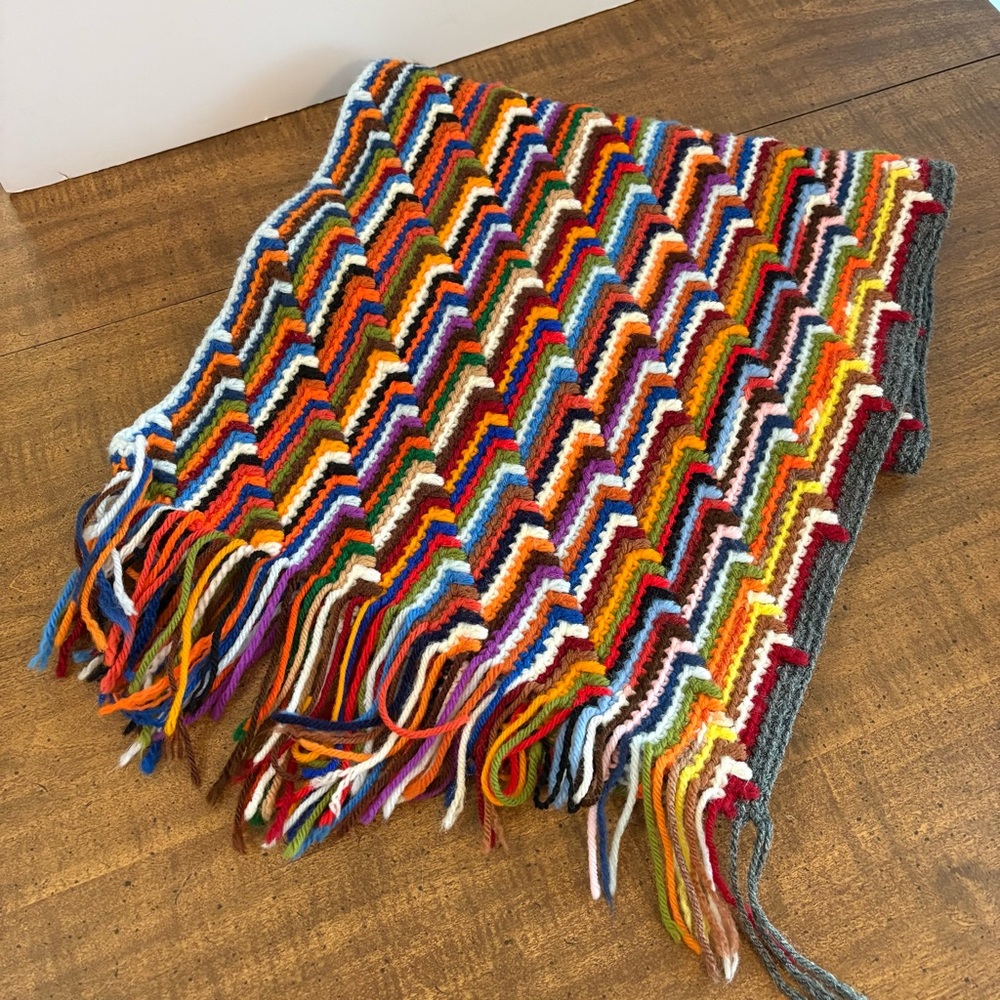 VINTAGE colorful Crochet Table Runner 55” by 15” patterns on each side fringe